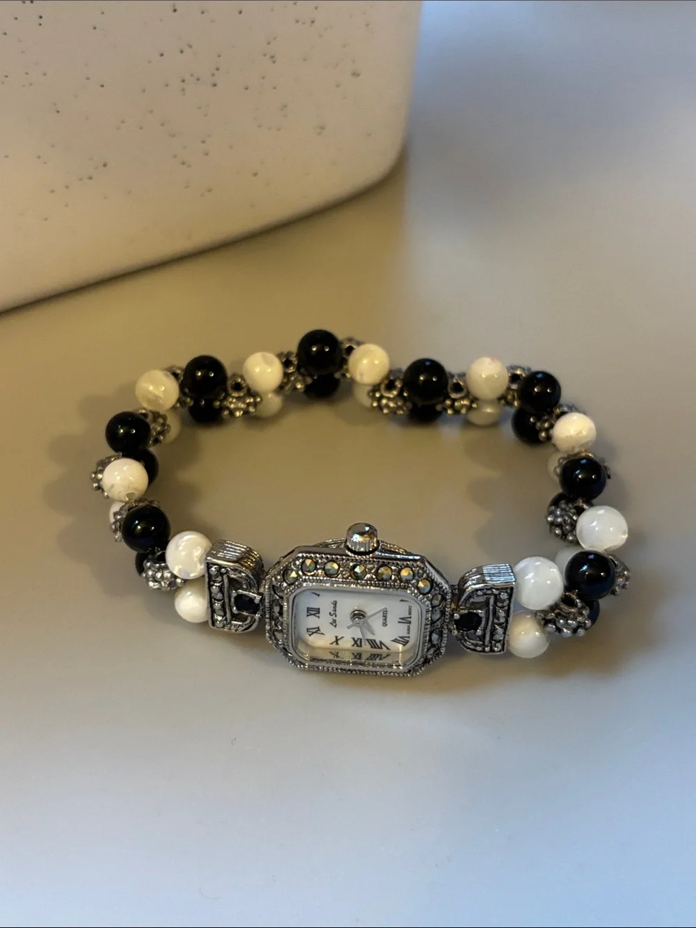 Beaded Black & White Bracelet Watch - Classic Two-Tone Women’s Accessory